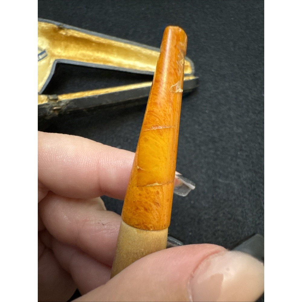 Vintage Block Meerschaum Pipe Amber Stem Hand Carved Estate Tobacco Pipe Case - Picture 13 of 16